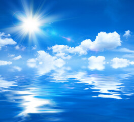 Wall Mural - sunny background, blue sky with white clouds and sun, reflected in calm water, 3d illustration.
