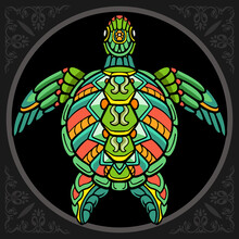 Colorful Turtle Zentangle Arts. Isolated On Black Background.