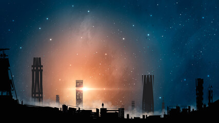 Wall Mural - Man silhouette standing in post apocalyptic industrial city with towers, nebula, stars at sunrise. Digital painting background, 3D rendering