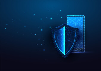 Wall Mural - futuristic mobile security concept with glowing low poly smartphone and protective shield on blue