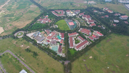 Indonesia Pentagon in Cikarang building looking down aerial view from above. 