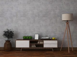 Room interior mockup with desk and objects, floor lamp, plant, and concrete wall.  3d Rendering. 3d interior