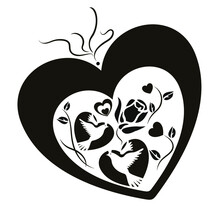 Wedding. Vector Image Of Two Hearts And Doves.