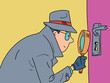 Detectives Magnifying glass peeping through the keyhole of the door. a private detective, a man in a coat, hat and glasses