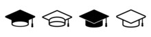 Set Of Vector Graduation Caps. Graduation Cap Icon. Graduation Cap On An Isolated Background. Academic Cap Linear And Full Pictogram. Vector EPS 10