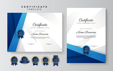 Wall Mural - Modern blue and white certificate of achievement template with gold badge and border