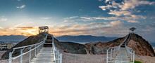 Panorama. Decorative Pergolas And Safe Walkways To The Stone Summits In Public Park Of Eilat - Famous Tourist Resort And Recreational City In Israel