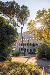 Canvas Print - Beautiful view of Colosseum through trees in park on a sunny day. Traveling Italian landmarks concept. Architecture and parks in Rome