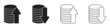 Coin Stack With Upward And Downward Arrow Icon Set. Black And Linear Style. Vector EPS 10