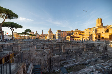 Wall Mural - Scenic view on ruins of Roman Forum at sunset. Concept of historical landmarks and travel Italy