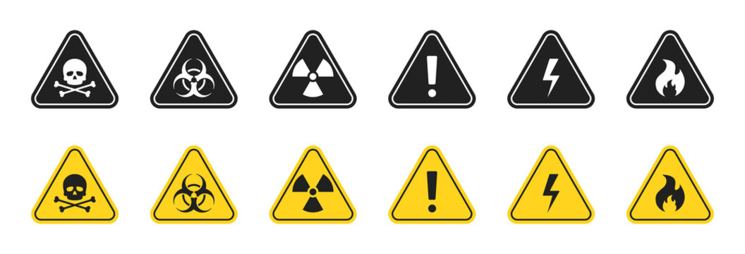 Warning icon set. Hazard symbols. Danger, radioactive, voltage, flame, biohazard, death. Vector EPS 10
