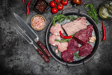 Poster - Different types of raw pork meat and beef on a dark background. various types of fresh meat pork and beef. Restaurant menu, dieting, cookbook recipe top view