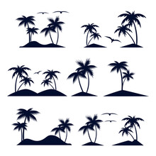 An Island With Palm Trees. Black Silhouette. Set.