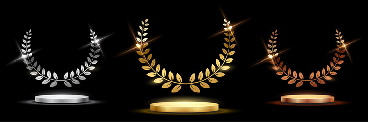 Wall Mural - golden, silver and bronze award signs with podiums laurel wreath isolated on black background. vecto