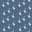 Seamless pattern with goose on a bike. White Farm animal on blue bicycle. Print with extreme sports for kids design, fabric, wallpapers, textile, nursing, paper, books, toys.