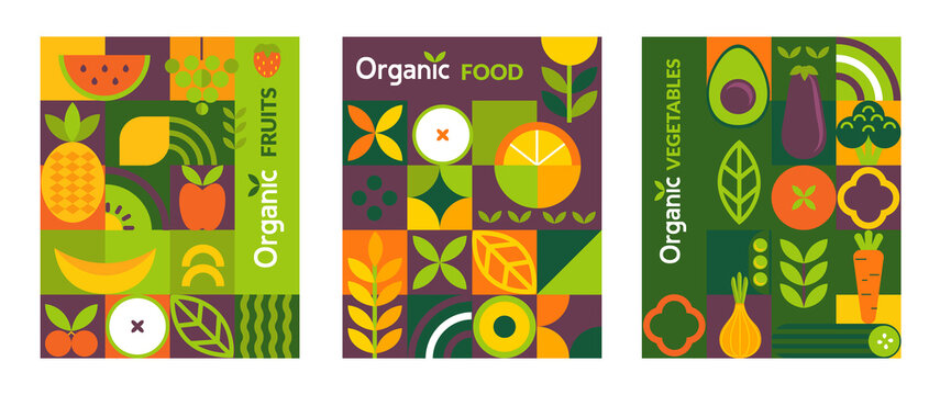 set organic food flyers,banners. natural fruits and vegetables in simple geometric shapes,geometry m