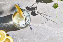 Cool Lavender Homemade Lemonade With Lemon Slices And Lavender Flower. Healthy Organic Summer Soda Drink. Detox Water. Diet Unalcolic Coctail.