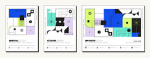 Brutalist Vertical Covers, Brutalist Posters. Set Of Abstract Geometric Futuristic Figures With A Thin Line, Modern Shapes And Objects. Vector Illustration. Vector Illustration