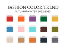 Fashion Color Trend Autumn - Winter 2022 - 2023. Trendy Colors Palette Guide. Fabric Swatches With Color Names. Vector Template For Your Creative Designs