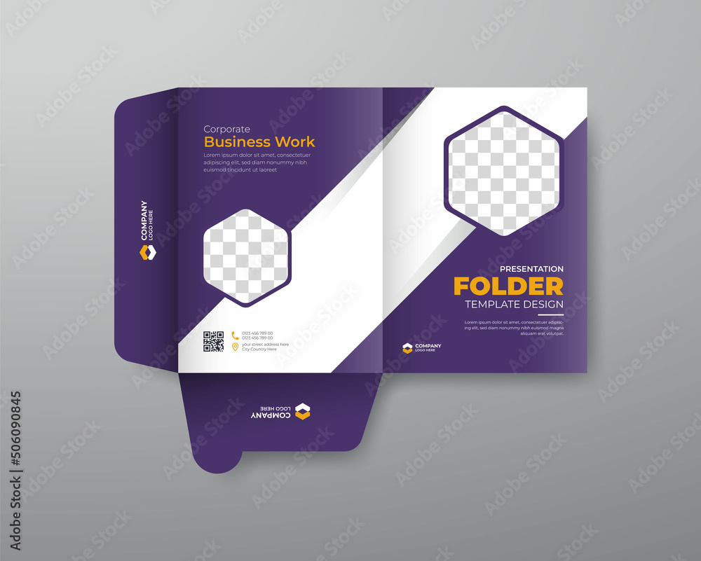 Folder Layout Text Business folder for files, presentation folder design. purple & yellow ...