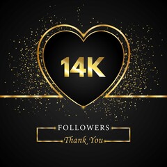 Thank you 14K or 14 thousand followers with heart and gold glitter isolated on black background. Greeting card template for social networks friends, and followers. Thank you, followers, achievement.