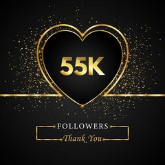 Wall Mural - Thank you 55K or 55 thousand followers with heart and gold glitter isolated on black background. Greeting card template for social networks friends, and followers. Thank you, followers, achievement.