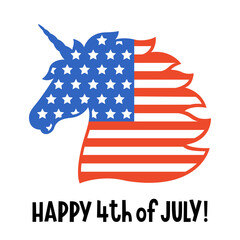 Wall Mural - American unicorn head with flag of the USA. Happy 4th of july card. Independence day. Vector . Patriotic cute illustrations for prints on t-shirts, bags. Isolated on a white background.