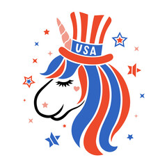 Wall Mural - Patriotic unicorn head with symbols of the USA. Happy 4th of july. Independence day. Vector . American cute illustrations for prints on t-shirts, bags. Isolated on a white background.