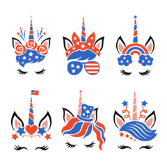 Wall Mural - Patriotic unicorn faces with symbols of the USA. Happy 4th of july. Independence day. Vector set. American cute illustrations for prints on t-shirts, bags. Isolated on a white background.