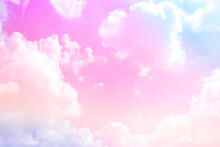 Beauty Sweet Pastel Pink Blue Colorful With Fluffy Clouds On Sky. Multi Color Rainbow Image. Abstract Fantasy Growing Light