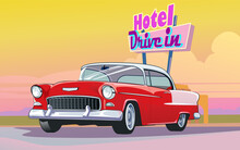 Vintage Red Classic Car On Sunset Background With Hotel On The Road.  Legendary American Road And Cars. Vector Illustration