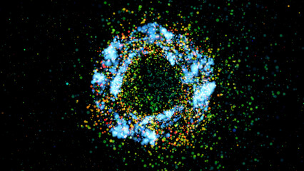 Wall Mural - a futuristic black hole emitting a magnetic field of multi-colored particles in the rays of neon lig