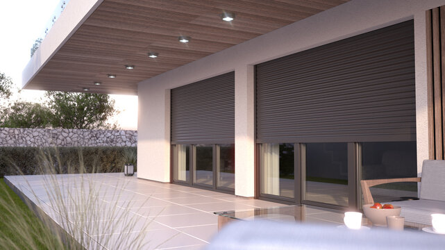 Window roller illustration - modern house with terrace, 3D illustration