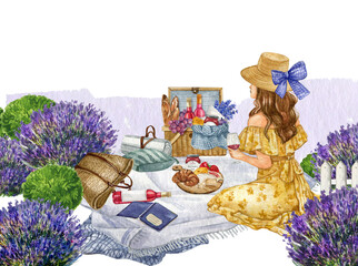 Watercolor picnic illustration with fashion girl in yellow dress, romantic postcard. Provance lavender field, summertime background