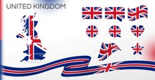 United Kingdom Flags Set. Various Designs. Map And Capital City. World Flags. Vector Set. Circle Icon. Template For Independence Day. Collection Of National Symbols. Ribbon With The Colors Of The Flag