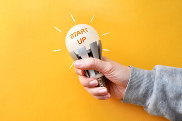 Wall Mural - A light bulb with the inscription: start-up in a person's hand. Symbol of a new business project