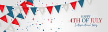 4th Of July Independence Day Celebration Banner Or Header. USA National Holiday Design Concept With Bunting Flags. Vector Illustration.