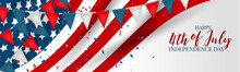 Happy 4th Of July Independence Day Celebration Banner Or Header. USA National Holiday Design Concept With A Waving Flag And Bunting. Vector Illustration.