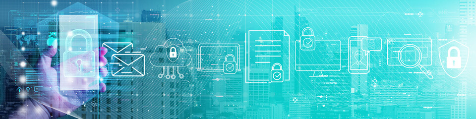 Leinwandbilder - Double exposure of Data protection with person hand using a smart phone computer with cyber security concept on city background.