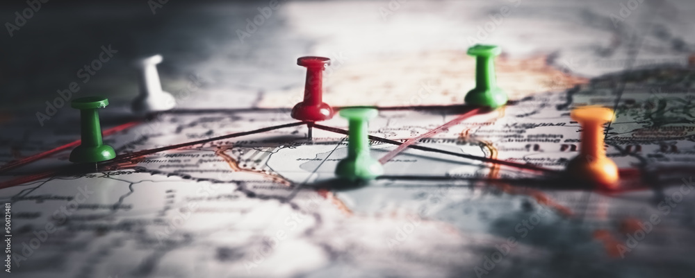 map destinations marked with colored nails Stock Photo | Adobe Stock