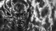 Scary mutant with tentacles on his face. Terrible illustration on a black and white color background. Horror genre. Gloomy character from nightmares. Digital drawing concept. Coal and noise effect.