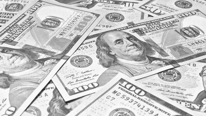 Wall Mural - american paper money. 100 dollar and other us notes. black and white light wallpaper or background. 