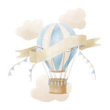 Hot Air Balloon Template For Birthday Or Greeting Cards. Cute Watercolor Hand Drawn Illustration In Blue And Beige Colors. Postcard For Newborn Party