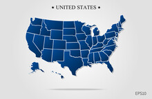 Blue Map Of United States Of America With Borders, Isolated On Gray Background. US Blank Outline Map Template. Vector Design.
