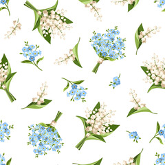 Wall Mural - Seamless pattern with blue and white lily of the valley and forget-me-not flowers on a white background. Vector illustration