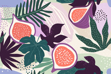 Tropical Leaves And Figs. Beautiful Print With Hand Drawn Exotic Plants And Dots. Fashion Botanical Fabric Seamless Pattern Design.