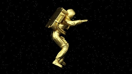 surreal gold flying floating levitating astronaut or cosmonaut or spaceman in space suit, futuristic