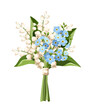 Spring bouquet of blue and white forget-me-not and lily of the valley flowers isolated on a white background. Vector illustration