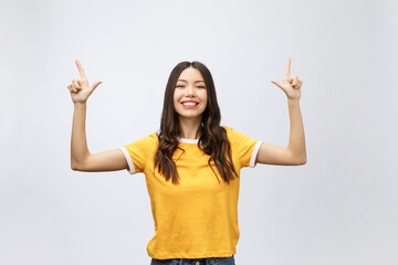 Canvas Print - Asian Woman with finger point up isolate on white.