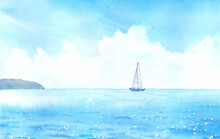 Watercolor Illustration Of A Yacht In The Sea
